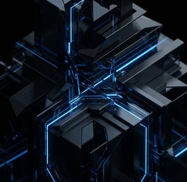 Isometric 3D render of a dark glass monolithic structure reflecting sharp electric blue light, ultra-crisp macro depth of field, black background.