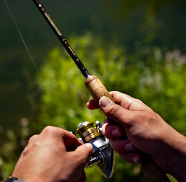 MOLINETES MARINE SPORTS PARA PEIXE PEQUENO DUAS MÃOS SEGURANDO VEGETAÇÃO AO FUNDO.