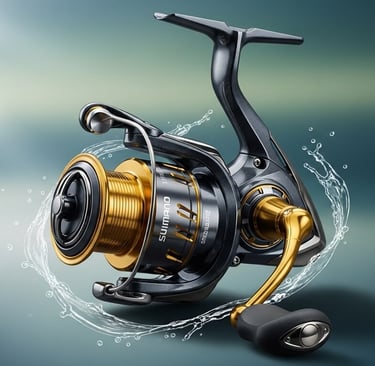 molinete shimano prata escuro com rotor dourado agua batendo na frente