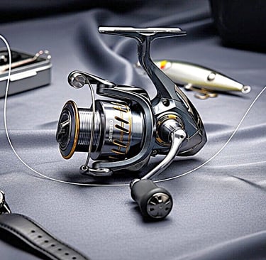 molinete shimano para pesca surubim sobre mesa um relógio ao lado e uma isca artificial.