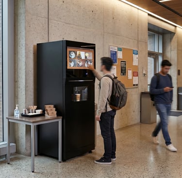 Profesionāls kafijas automāts modernā interjerā, kas piedāvā svaigi maltu kafiju pašapkalpošanās zonā.