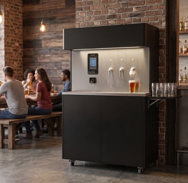 Automatizēta alus izliešanas sistēma ar iebūvētu ekrānu vecuma verifikācijai un bezkontakta maksājumiem.