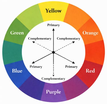 A circular color wheel diagram showing primary and complementary colors with labeled arrows for art theory.
