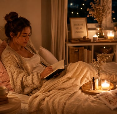 A young woman writing in her journal in a cozy bedroom with warm candle lighting and fairy lights.