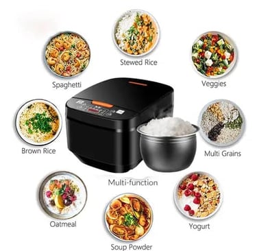 Multi-function digital rice cooker surrounded by bowls of rice, spaghetti, oatmeal, and yogurt.