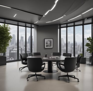 Professional office meeting room with financial charts on screen