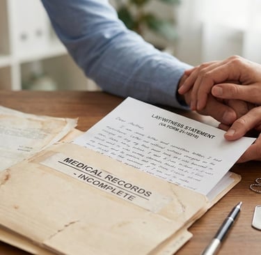 A person holding a VA lay witness statement over a medical records file with dog tags nearby.