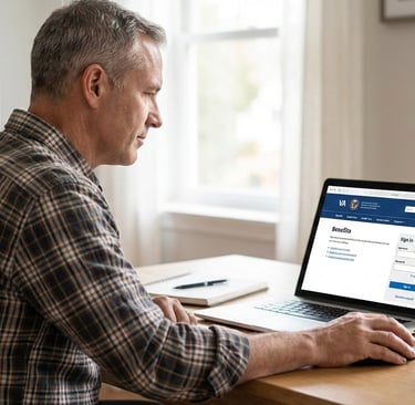 A male veteran using a laptop to access the VA benefits login page from his home office desk.