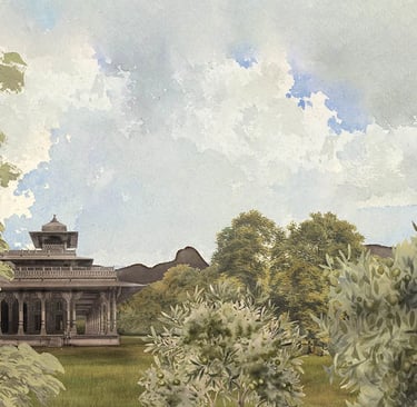 Watercolor painting of a traditional Indian pavilion nestled in a lush green landscape under a cloudy sky.