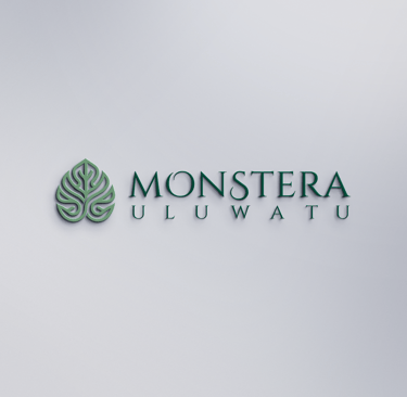 Monstera Uluwatu green leaf logo and typography on a clean textured wall for tropical branding.