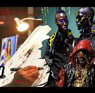 Artist Brian Bridgeforth sketching alongside his vibrant afrofuturist  illustrations and digital character designs.