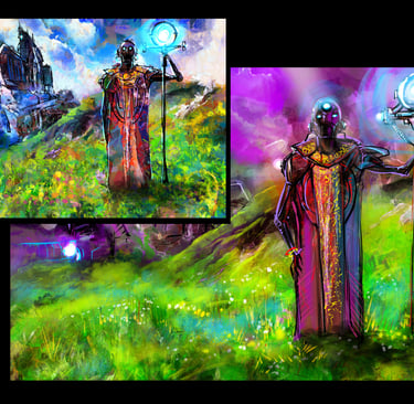 Digital painting of a futuristic robot priest holding a glowing staff in a lush green meadow.