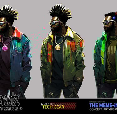 Cyberpunk character concept art featuring a man in futuristic streetwear jackets and tech gear.