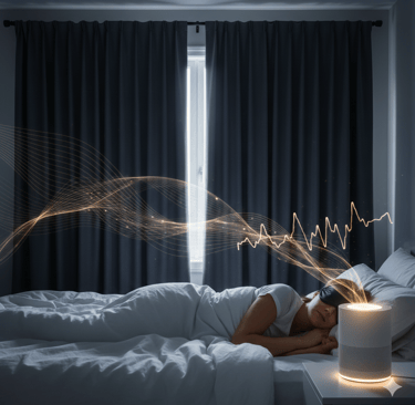 Woman sleeping with an eye mask next to a white noise machine with glowing sound waves.