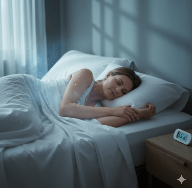 A woman sleeping soundly in a comfortable bed with glowing particles representing deep sleep quality.
