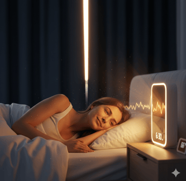 A woman sleeping peacefully in bed with a glowing smart sunrise alarm clock and sleep tracker.