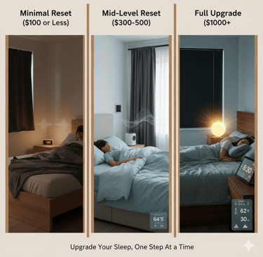 Three-panel comparison of bedroom sleep technology upgrades at various price points for better rest.