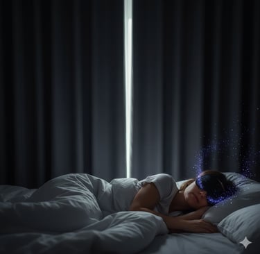 Woman sleeping in bed wearing a galaxy sleep mask with magical blue sparkles in a dark bedroom.