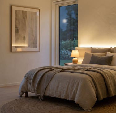 a bedroom with a bed and a table with a lamp