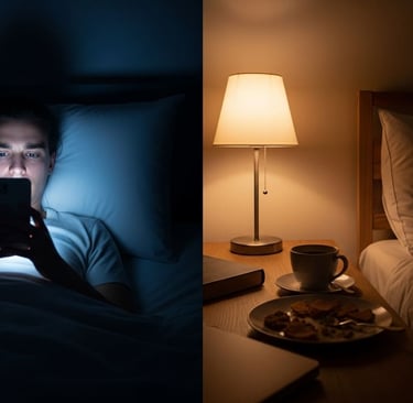 a man in bed with a cell phone and a cup of coffee