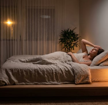 a man laying in bed with a lamp on the side