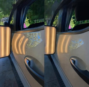 Before and after paintless dent repair on a white car door using professional LED light reflection.