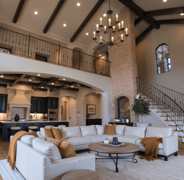 Luxury open concept living room with vaulted wood beam ceilings, brick fireplace, and white sectional sofa.