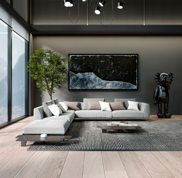 Moody modern living room with gray sectional, black striped rug, dark walls, faux olive tree
