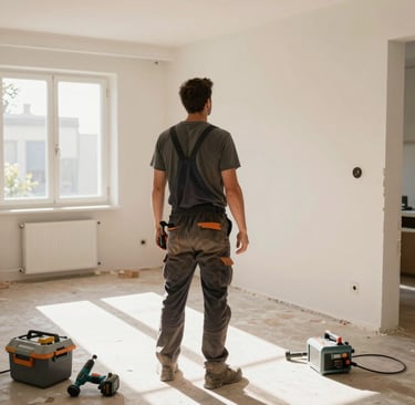 A welcoming office space with a view of the Costa del Sol coastline, featuring a desk with renovation plans and a laptop.