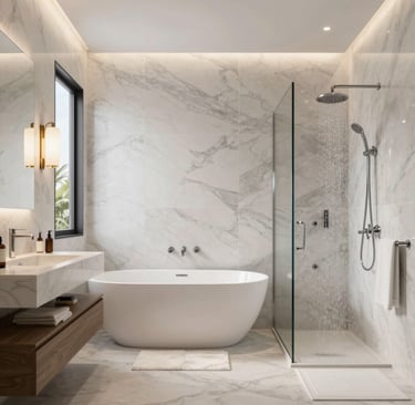 A serene spa bathroom featuring natural stone tiles and a freestanding tub with soft ambient lighting.