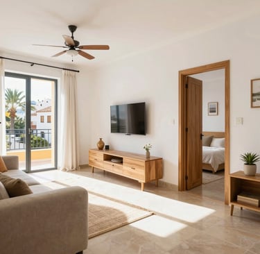 Seamless microcement-style living space with warm neutral finishes