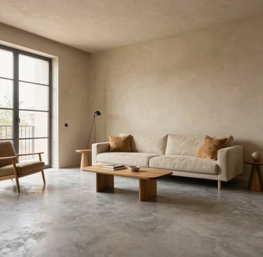 Warm minimalist Mediterranean living room with neutral finishes and natural light