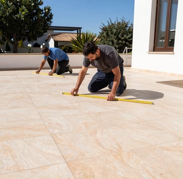 Renovation team measuring a terrace surface before work begins
