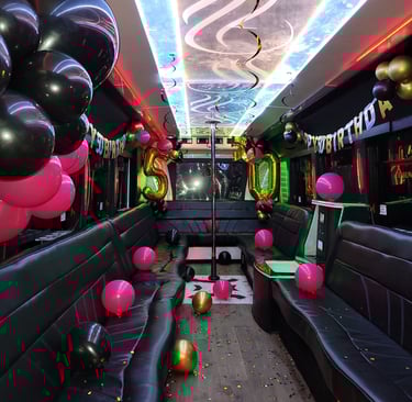 A party bus of 30 passenger capacity have leather seats balloon and luxury interior in all over the 