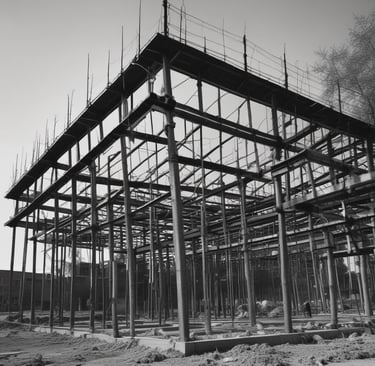 A team of workers in safety gear collaborating on a construction site in Qatar under clear skies.