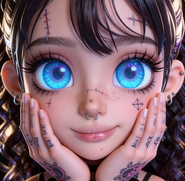 Inkeddollai illustrated character with oversized eyes and tattooed aesthetic