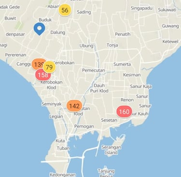 Mapa IQAir app, PM2,5 bali 2026 06