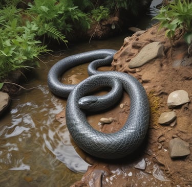 A close-up photograph of a green tree python coiled around a branch in a rainforest setting.