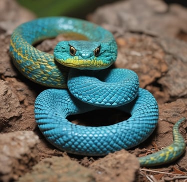 Close-up of a vibrant green snake coiled on a branch in a lush forest.