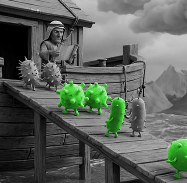 Noah reviews his checklist as various viruses enter the ark two by two