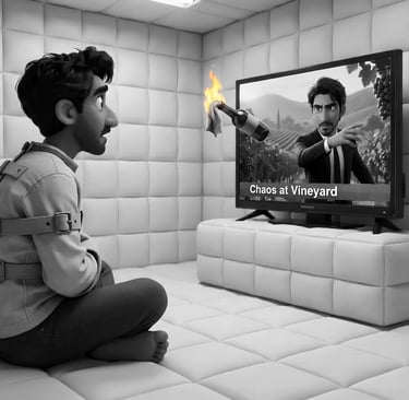 A man in a straitjacket watching an executive throw a flaming wine bottle on the news.