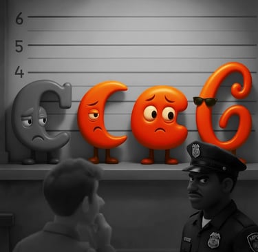A cop and witness stand in a police lineup with font characters as perps waiting to be identified.