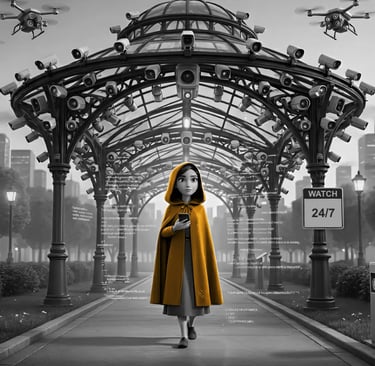 A woman walks through a park that has 100 surveillance cameras tracking her every move. 