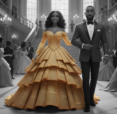 African American congregation member wears ball gown made of Bible pages to fundraiser.