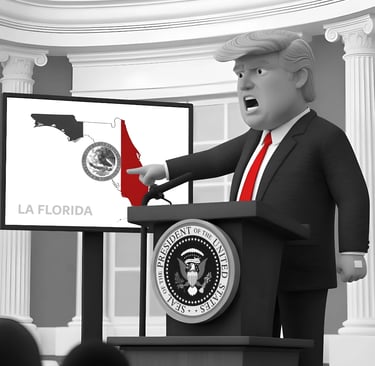A frustrated Trump points to a map of Florida colored as the Mexican flag.
