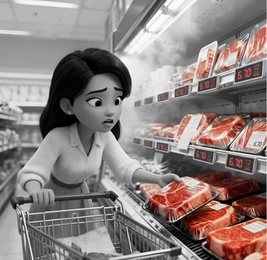 Shopper races against a digital countdown noting the cost of her meat is about to randomly change