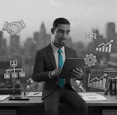 A man sitting on the edge of his desk reviewing PIPs on a tablet