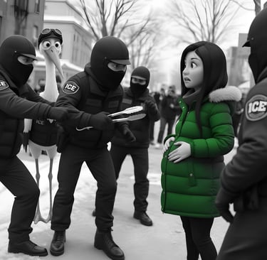 ICE agents and a stork wearing tactical gear terrorize a pregnant woman in Minnesota