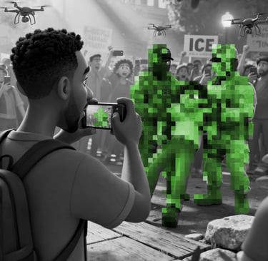 A man in a crowd taking video of something pixelated in the real world happening.