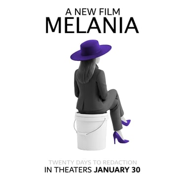 Melania Trump sits, back to camera on a bucket wearing a large hat, pantsuit and nude heels.